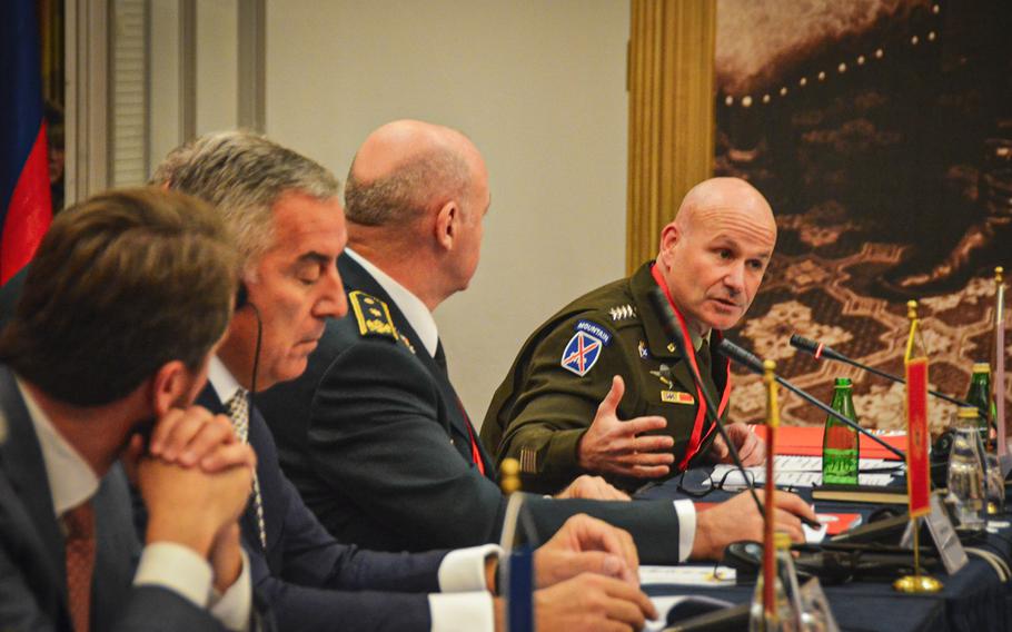 Army Gen. Christopher Cavoli, head of U.S. European Command, addresses the Adriatic Charter Chiefs of Defense Conference, Sept. 22, 2022, in Budva, Montenegro. This week, Cavoli presented a plan to establish a new command at the Army’s headquarters in Wiesbaden, Germany.