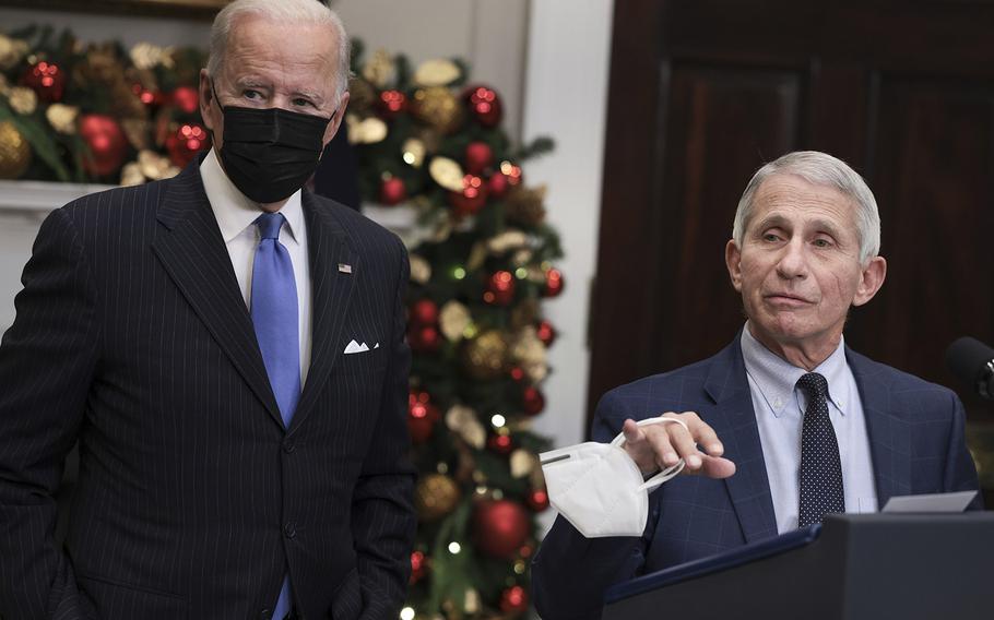 Anthony Fauci,  Director of the National Institute of Allergy and Infectious Diseases, speaks on the Omicron COVID-19 variant at the White House on Nov. 29, 2021, as President Joe Biden looks on.