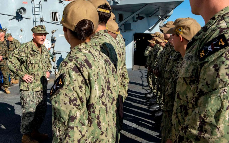 Chief of Naval Operations Adm. Mike Gilday, left, visits Naval Station Rota, Spain, Aug. 17, 2022, to greet the destroyer USS Bulkeley as it arrives in port.