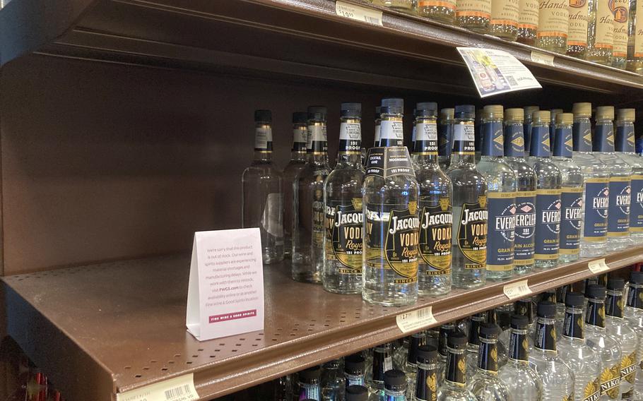 A shelf is emptied of Russian Standard Vodka at a Fine Wine & Good Spirits liquor store in Dresher, Pa., Monday, Feb. 28, 2022. Pennsylvania ordered the removal of Russian-made products from state-owned liquor stores. 