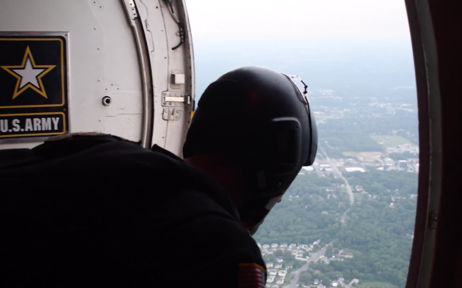 A member of the Golden Knights awaits his turn to jump before the Washington Nationals vs. Philadelphia Phillies baseball game at Nationals Park. 