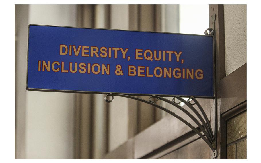 A sign above the door to the Office of Diversity, Equity, Inclusion and Belonging is seen April 12, 2024, inside the main administration building on the main University of Kansas campus in Lawrence, Kan. 