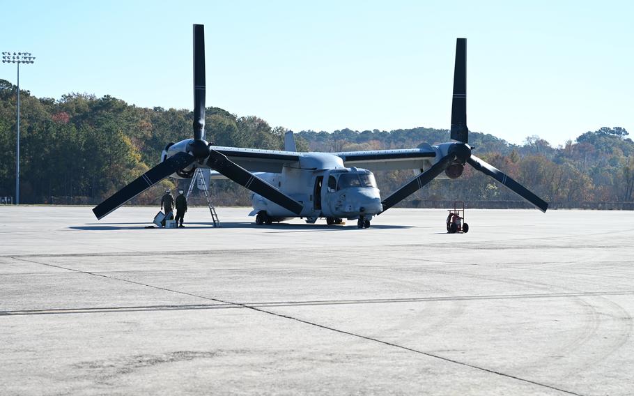 U.S. Marine crew chiefs perform pre-flight checklist for a MV-22B Osprey prior to take off from Hunter Army Airfield, Ga., on Dec. 10, 2020. A U.S. Marine Corps MV-22 Osprey recently experienced a mechanical issue that caused the pilot and several others onboard to land at Baldwin County Regional Airport in Georgia.