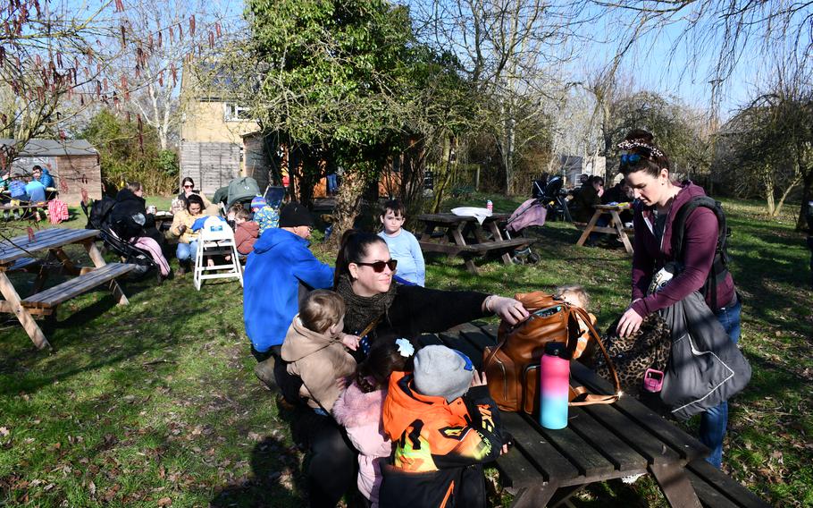 Families sit at South Angle Farm picnic area during lunch, Feb. 15, 2023. The farm park allows visitors to bring their own food and also has a cafe with snacks and drinks.
