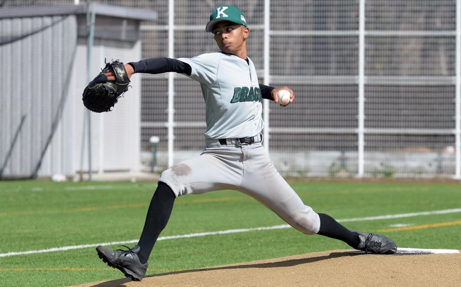 Kubasaki left-hander Luka Koja delivers during Friday's 14-7 loss at American School In Japan.