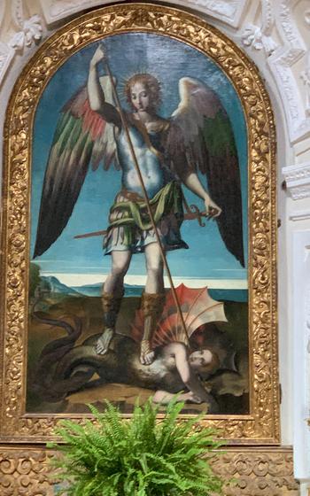 The Devil of Mergellina, painted in 1542, depicts the Archangel Michael vanquishing the devil, who has the face of a woman. Legend says the painting was commissioned in order to break the love spell cast on a bishop by a beautiful Neapolitan woman. 