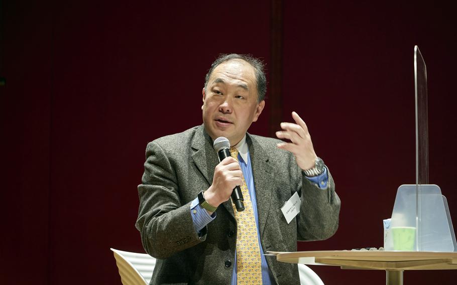 Tosh Minohara, a professor of U.S.-Japan relations and diplomatic history at Kobe University, speaks at the National Graduate Institute for Policy Studies in Tokyo on March 10, 2023.