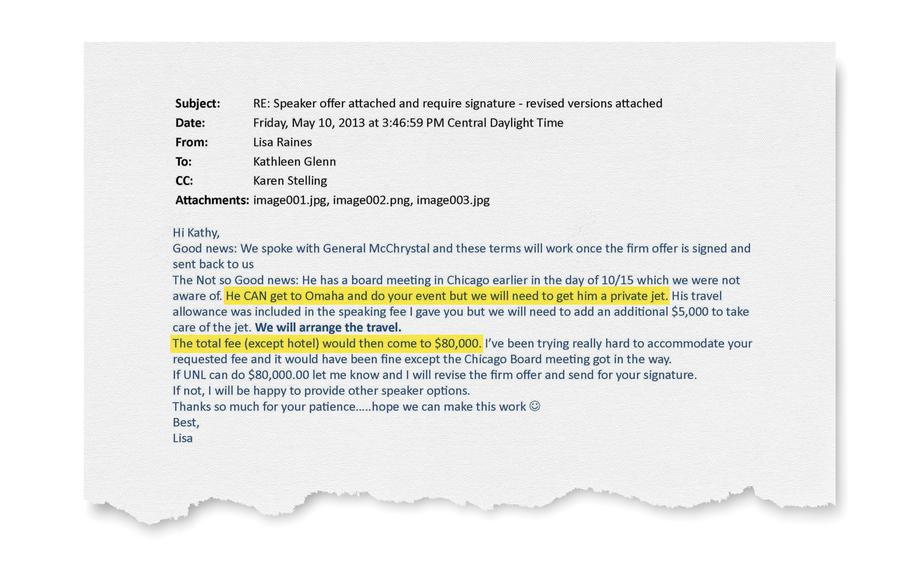 A representative from Leading Authorities, retired Gen. Stanley A. McChrystal's speakers bureau, tells officials at the University of Nebraska at Lincoln that a private jet for the ex-general would bring his fee to $80,000. 