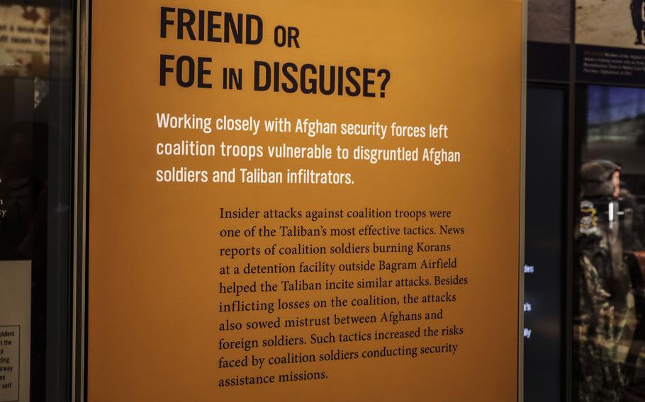 A display at the National Museum of the United States Army on its reopening day, June 14, 2021, tells the story of insider attacks in Afghanistan.