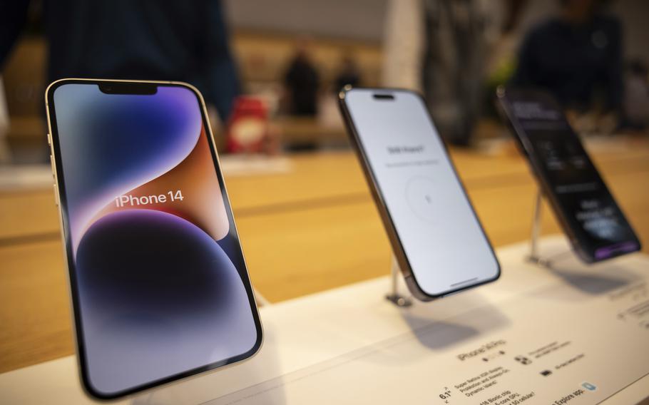 The iPhone 14, iPhone 14 Pro and iPhone 14 Pro Max are displayed at the Apple Fifth Avenue store, Friday, Sept. 16, 2022, in New York. 
