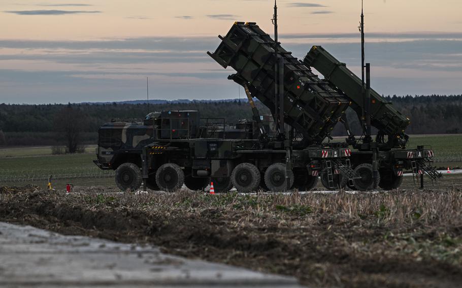 Patriot launcher modules mounted on M983 HEMTT, part of the U.S. made MIM-104 Patriot surface-to-air missile (SAM) system, in an open field on Feb. 18, 2023, in Zamosc, Poland. The German armed forces deployed Patriots batteries to their NATO neighbor, after a missile explosion in Przewodow, which previous investigation suggests came from Ukrainian air defense, killed two civilians.