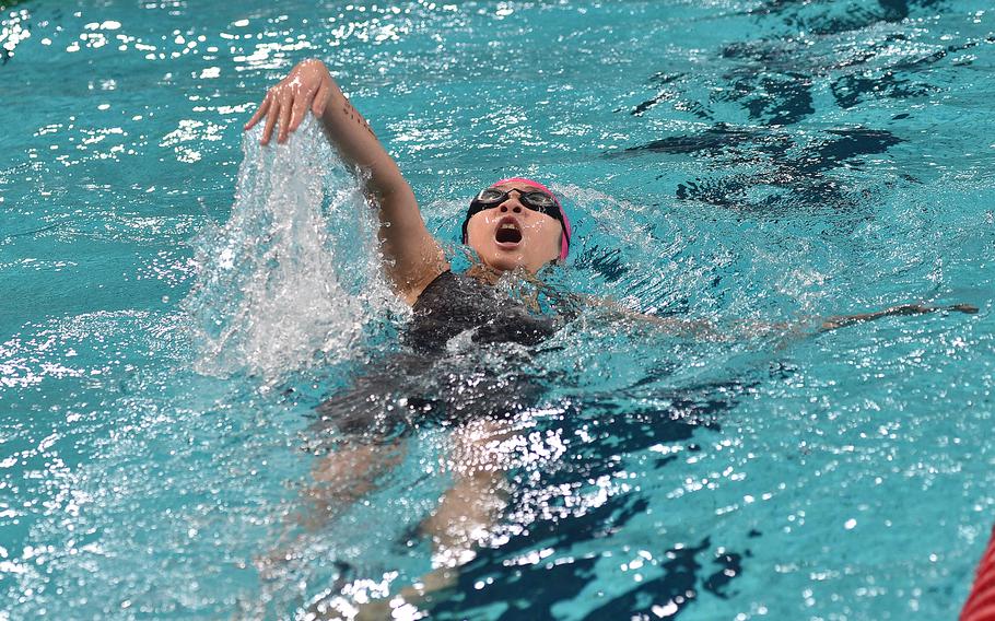 Paris Eau-lympian Isabella Cheung competes in the 13-year-old girls 100-meter backstroke during the European Forces Swim League Short-Distance Championships on Feb. 11, 2024, at the Pieter van den Hoogenband Zwemstadion at the Nationaal Zwemcentrum de Tongelreep in Eindhoven, Netherlands.