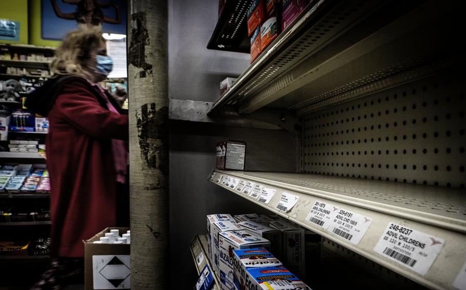 Empty shelves at Brookville Pharmacy in Chevy Chase, Md.