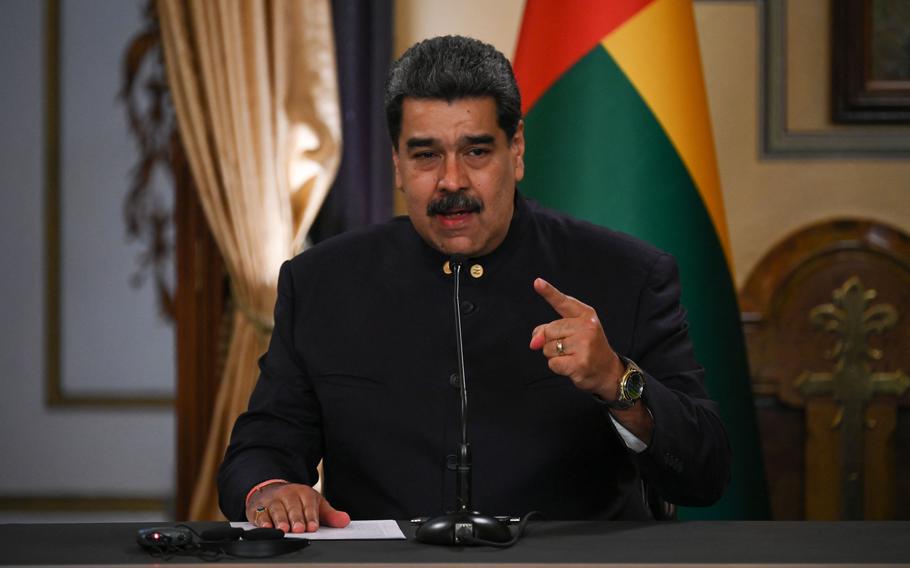 Venezuelan President Nicolas Maduro speaks during a meeting with his Guinean counterpart Umaro Sissoco Embalo at Miraflores Presidential Palace in Caracas, on Nov. 2, 2022.