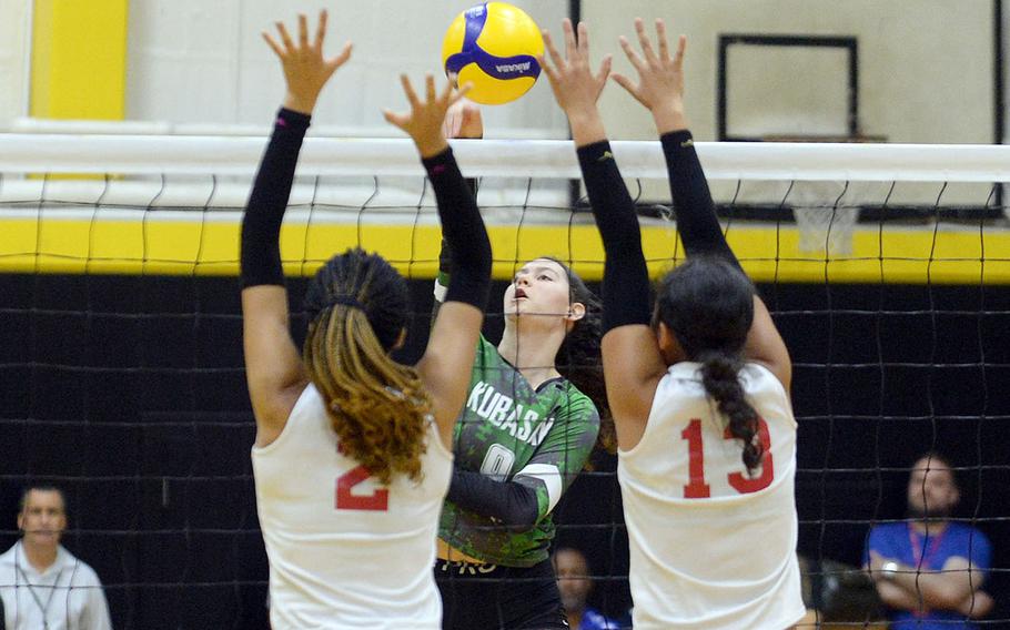 Outside hitter Olivia Schaffeld had seven kills for the Dragons against Kinnick.