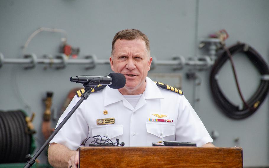 The USS Ronald Reagan's skipper, Capt. Daryle Cardone, speaks to reporters ahead of the aircraft carrier's departure from Yokosuka Naval Base, Japan, May 16, 2024.