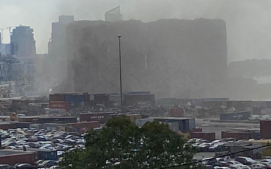 Dust covers the silos damaged during the August 2020 explosion in the port, after part of it collapsed, in Beirut, Lebanon, Sunday, July 31, 2022.