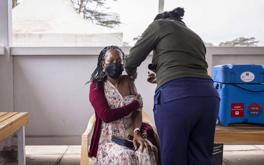 A resident receives a dose of the AstraZeneca Covid-19 vaccine at Mbagathi Hospital in Nairobi, Kenya, on July 6, 2021.