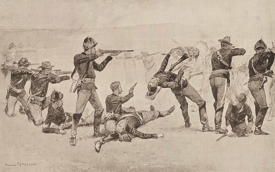An engraving depicts “The opening of the fight at Wounded Knee”, engraved illustration by Frederic Remington. Appeared as an illustration in Harper’s Weekly, 1891