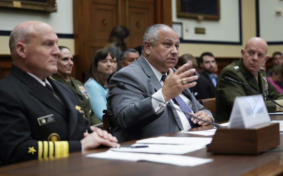 From left, Adm. Michael M. Gilday, chief of naval operations, Secretary of the Navy Carlos Del Torro, and Marine Corps Commandant Gen. David H. Berger, testify during the House Armed Services Committee hearing on the Department of the Navy's budget request for fiscal year 2024, on Capitol Hill in Washington, Friday, April 28, 2023.