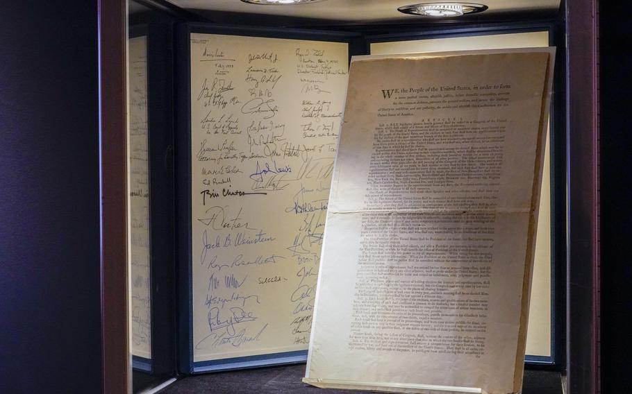 A first printing of the United States Constitution is displayed at Sotheby’s auction house during a press preview on Nov. 5, 2021, in New York. The rare copy sold Thursday, Nov. 18, for a record $43.2 million at Sotheby’s to an anonymous buyer who outbid a group of crypocurrency investors.