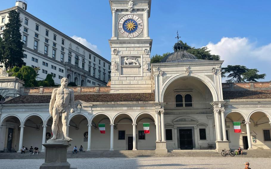 Piazza della Liberta, the main square of Udine, Italy, as seen June 6, 2024. The square features a Venetian-style Torre dell’Orologio, or clock tower. 
