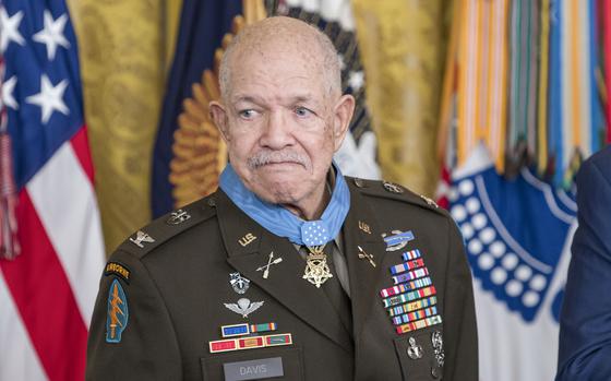 Vietnam veteran retired Army Col. Paris Davis looks out and thanks the audience as he is applauded moments after receiving the Medal of Honor  from President Joe Biden during a ceremony at the White House on Friday, March 3, 2023.