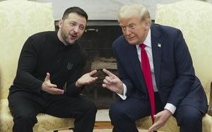 Donald Trump and Volodymyr Zelenskyy lean toward each other while seated side-by-side in yellow chairs in front of a fireplace.