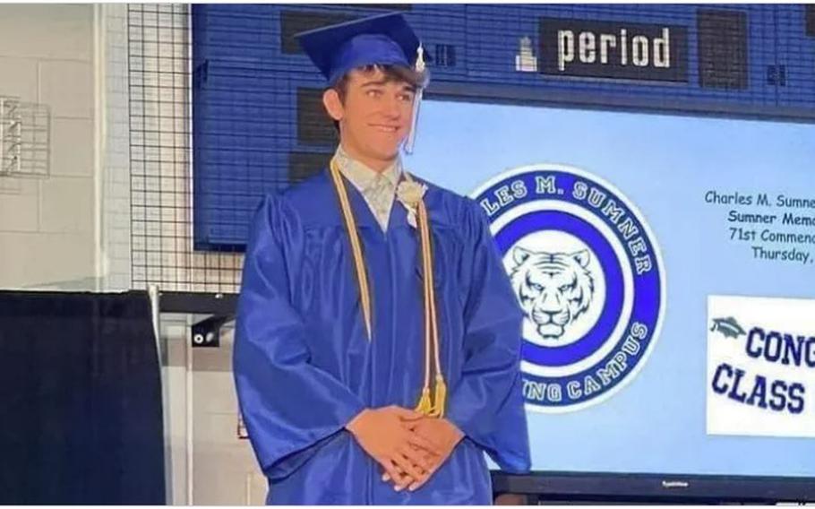 Tylar Michaud is seen in his graduation attire. The U.S. Coast Guard called off a search for the 18-year-old fisherman on July 23, 2023, 40 hours after he was reported missing.