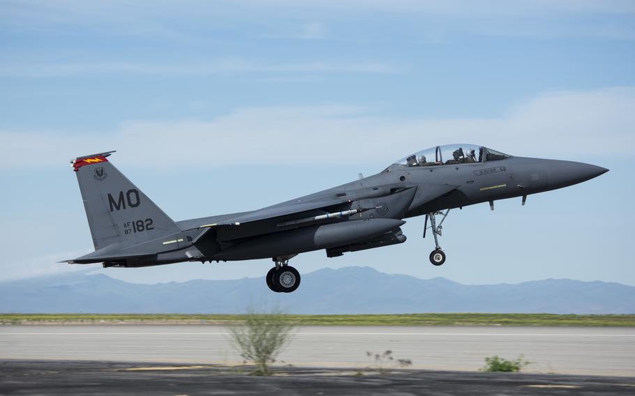 An F-15E Strike Eagle takes off in June 2019 at Mountain Home Air Force Base, Idaho.