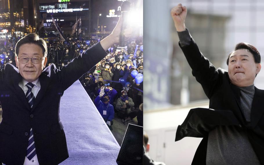 South Korea's leading presidential candidates, Lee Jae-myung, left, and Yoon Seok-youl, take part in separate campaign events on Feb. 27, 2022 and March 6, 2022, respectively.