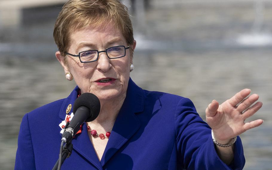 Rep. Marcy Kaptur, D-Ohio, who in 1987 introduced the legislation that started the ball rolling for the National World War II Memorial, speaks at the 20th anniversary celebration of the memorial in Washington, D.C., May 25, 2024.