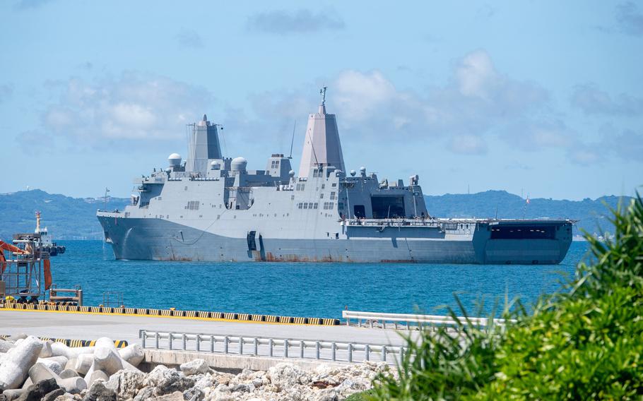 The USS New Orleans anchors near White Beach Naval Facility, Okinawa.