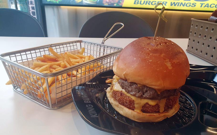 The Mac Attack from King Hamburger near Osan Air Base, South Korea, features queso and a fried ring of macaroni and cheese. 