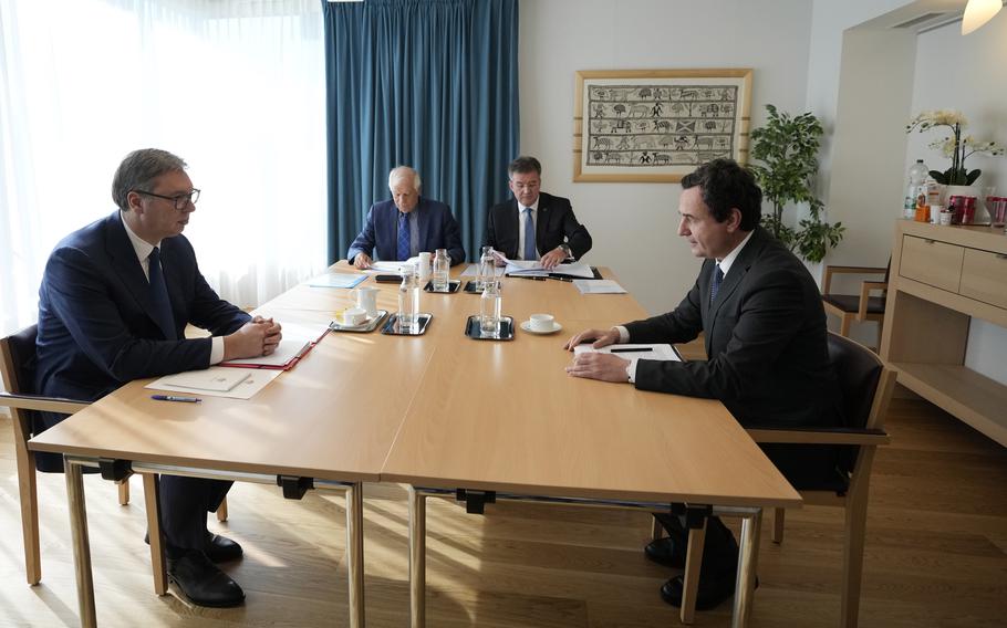 From left, Serbia President Aleksandar Vucic, European Union foreign policy chief Josep Borrell, EU Special Representative Miroslav Lajcak and Kosovo Prime Minister Albin Kurti meet in Brussels, Sept. 14, 2023.