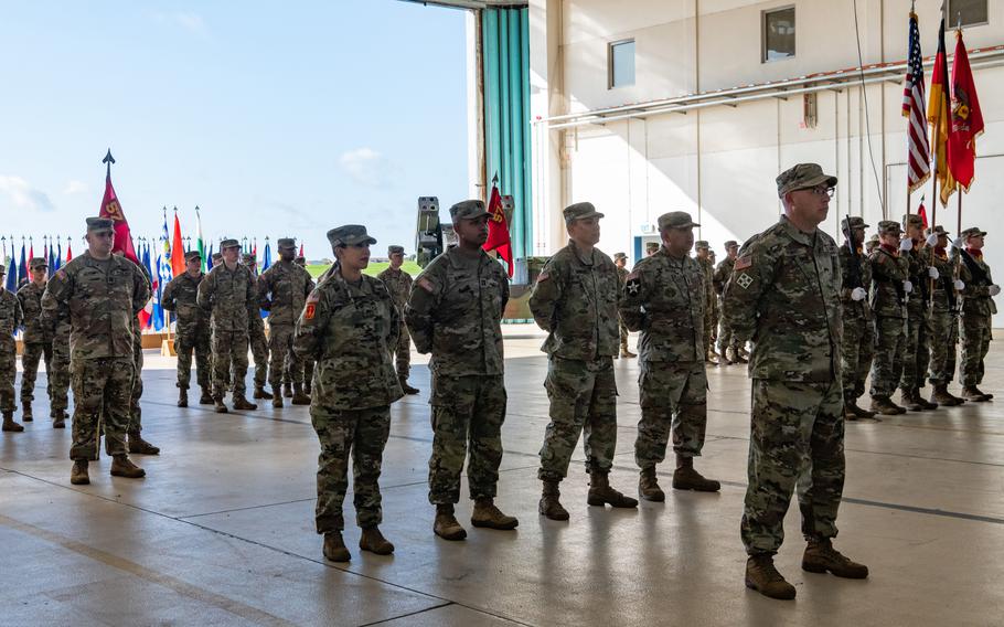 Soldiers assigned to 1st Battalion, 57th Air Defense Artillery Regiment take part in the unit’s reactivation ceremony in Ansbach, Germany, on Oct. 4, 2023.