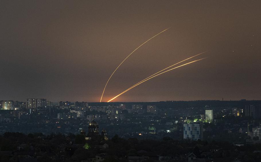 Russian rockets are launched against Ukraine from Russia’s Belgorod region, seen from Kharkiv, Ukraine, on April 18, 2024.