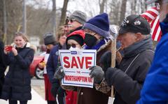 Dozens of elected officials, veterans and nurses turned out to protest the potential closure of a Veterans Affairs hospital in Northampton, on March 28, 2022. (Will Katcher/MassLive).