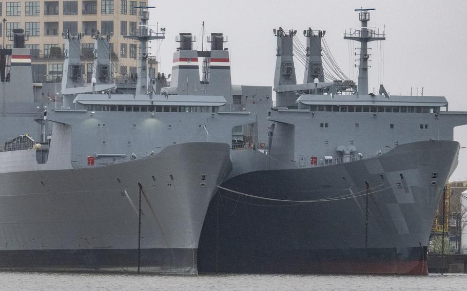 The SS Antares, left, and SS Denebola are fast military sealift ships stationed at Pier 8 in Locust Point. The pair are among several large ships stuck in the port following the collapse of the Francis Scott Key Bridge.