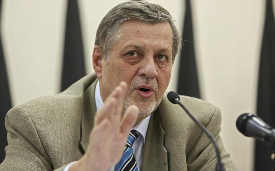 Jan Kubis, a United Nations’ envoy attends a briefing in Kabul, Afghanistan, on July 13, 2014. U.N. officials announced on Tuesday, Nov. 23, 2021, that Kubis, the special envoy to Libya is resigning from his post.