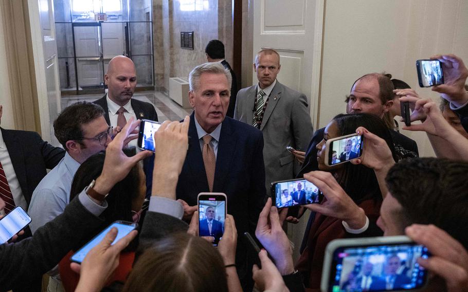 U.S. House Speaker Kevin McCarthy (R-Calif.) speaks to reporters after arriving at the US Capitol in Washington, D.C. on May 23, 2023.