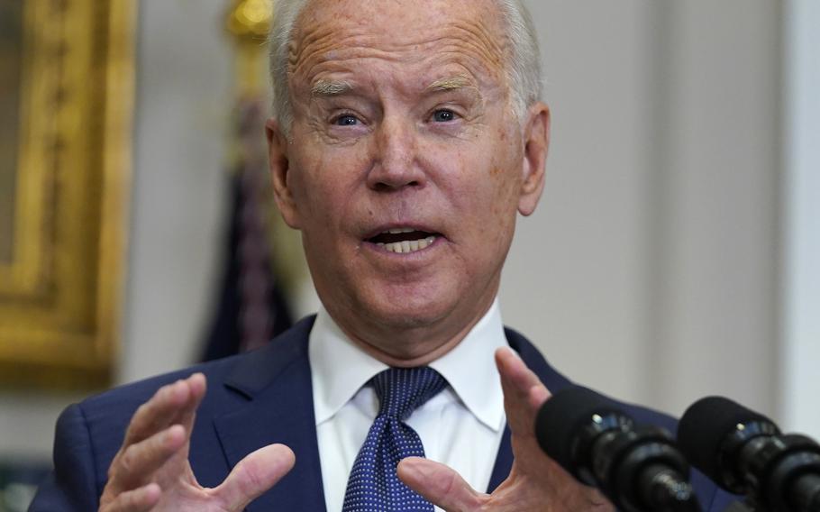 President Joe Biden speaks Sunday, Aug. 22, 2021, about the situation in Afghanistan in the Roosevelt Room of the White House in Washington. 