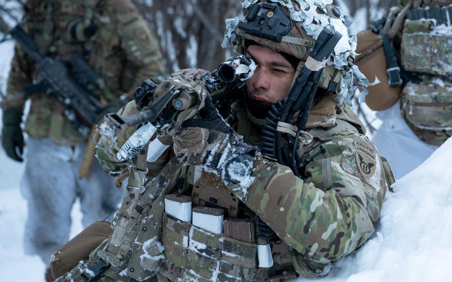 U.S. Army soldiers assigned to the 1st Battalion, 5th Infantry Regiment, 1st Infantry Brigade Combat Team, 11th Airborne Division during Joint Pacific Multinational Readiness Complex  at Yukon Training Area, Alaska, April 1, 2023. 