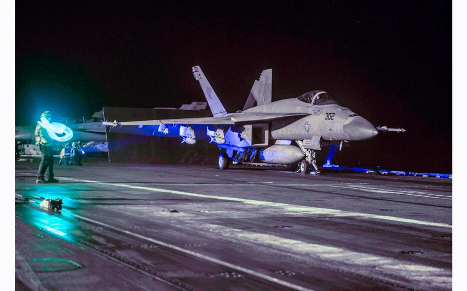An F/A-18E Super Hornet prepares to launch from the  aircraft carrier USS Dwight D. Eisenhower in the Red Sea, March 29, 2024. Eisenhower arrived in the eastern Mediterranean Sea on April 26, 2024, leaving the Middle East after five months in the region. 