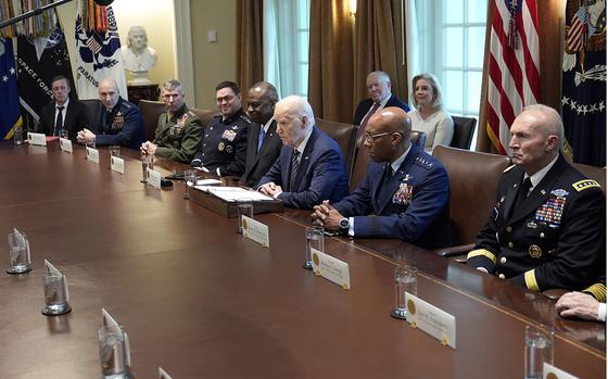 President Joe Biden speaks during a meeting with the Combatant Commanders in the Cabinet Room of the White House in Washington on May 15, 2024.