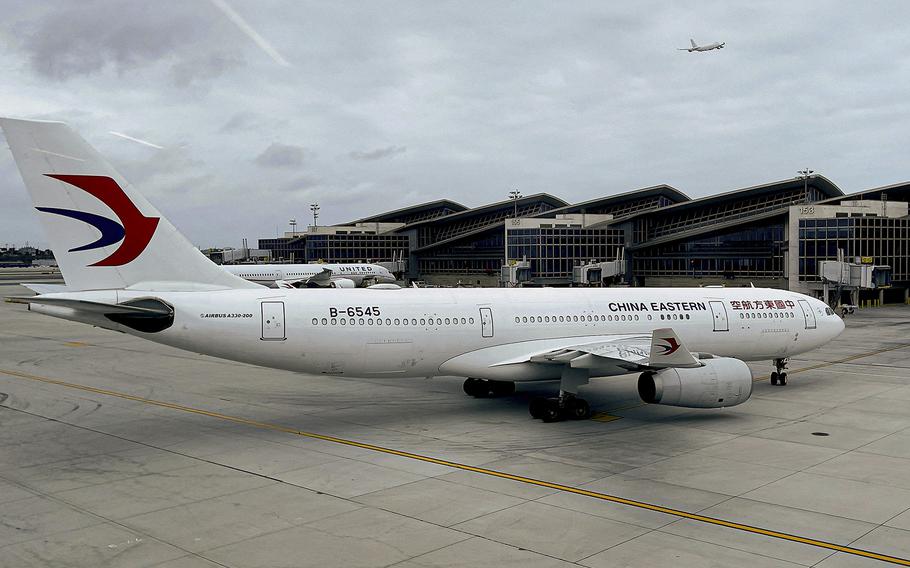 A China Eastern Airlines Airbus A330-243 is seen at gate at Los Angeles International Airport on April 24, 2021. 