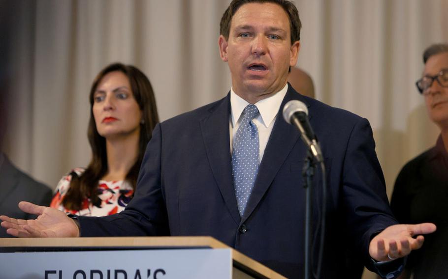 Florida Gov. Ron DeSantis speaks during an event on August 10, 2021, in Surfside, Fla.