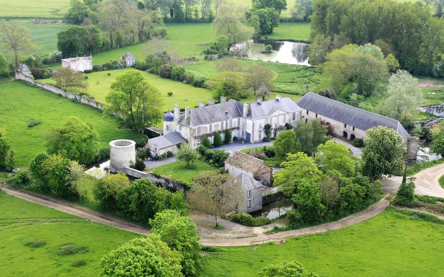 An undated aerial view of Chateau Vouilly, the first Allied press camp during World War II, located in Normandy, France. The chateau was a working location for war correspondents following the D-Day invasion.