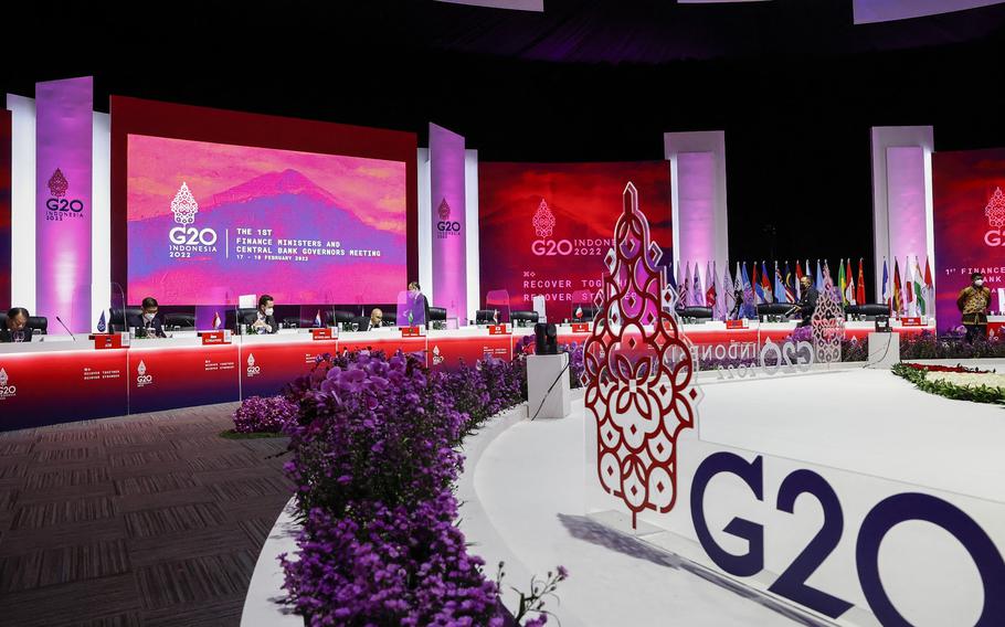 Head of delegates prepares for a meeting on the last day of the G20 finance ministers and central bank governors meeting in Jakarta on 18 February 2022. 