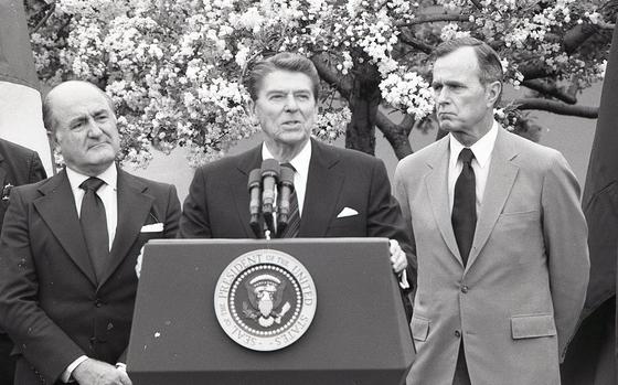 Then-President Ronald Reagan speaks from a odium during an event at the White House in Washington, D.C.